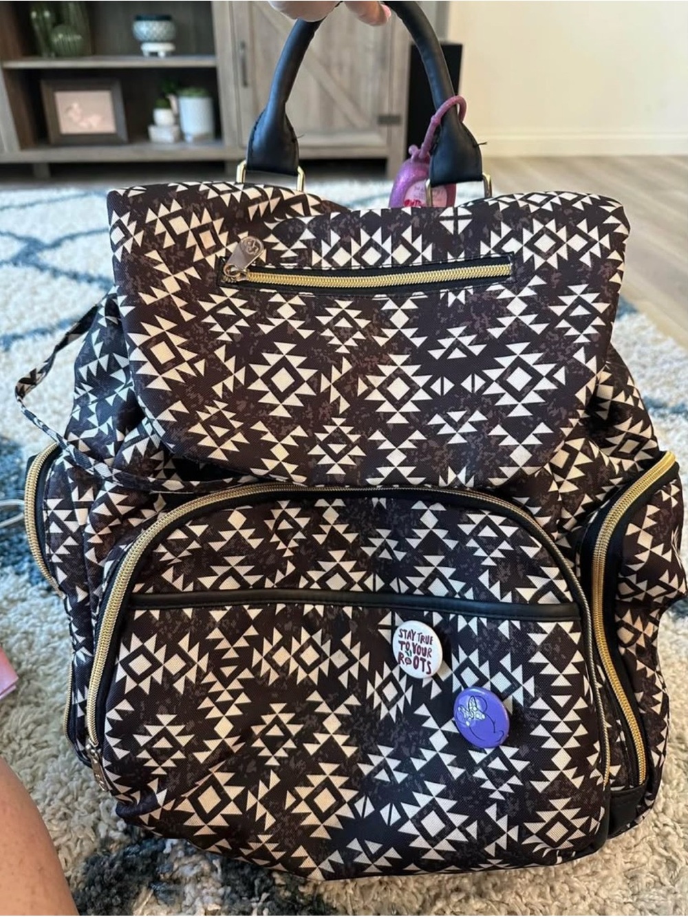 Fisher-Price Diaper Bag Backpack B/W Geometric Print Insulated Bottle Pockets